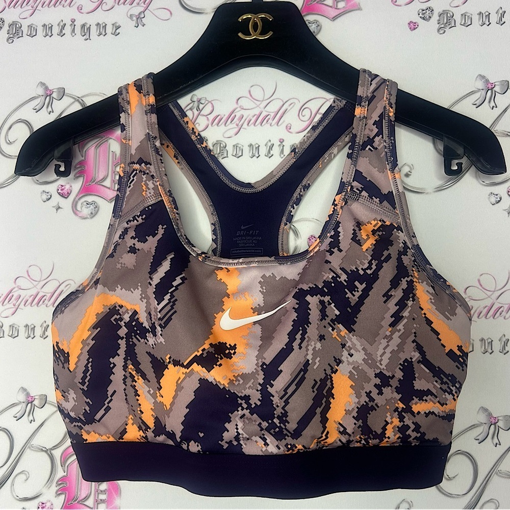 Nike dri fit sports bra orange grey purple white camo style logo front stretchy
